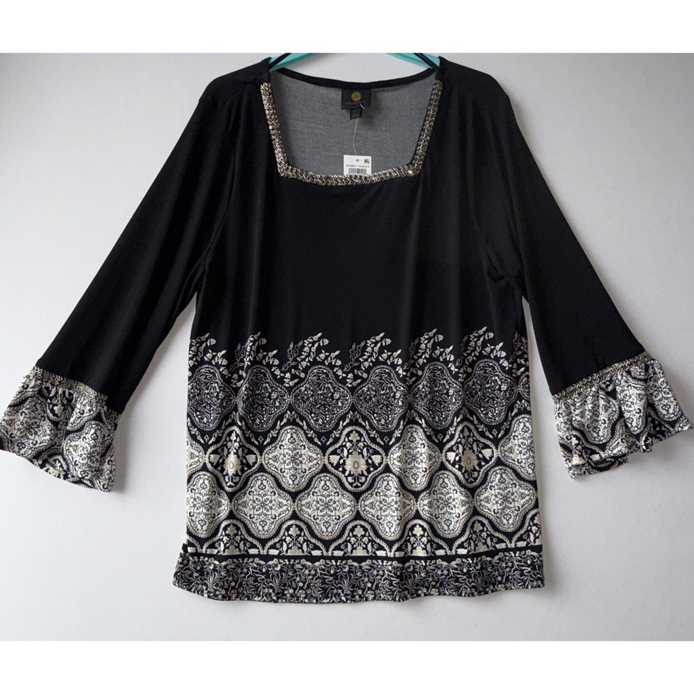 JM Collection Women's Embroidered Ruffled-Cuff Top Whimsy Paisley Black Sz Large